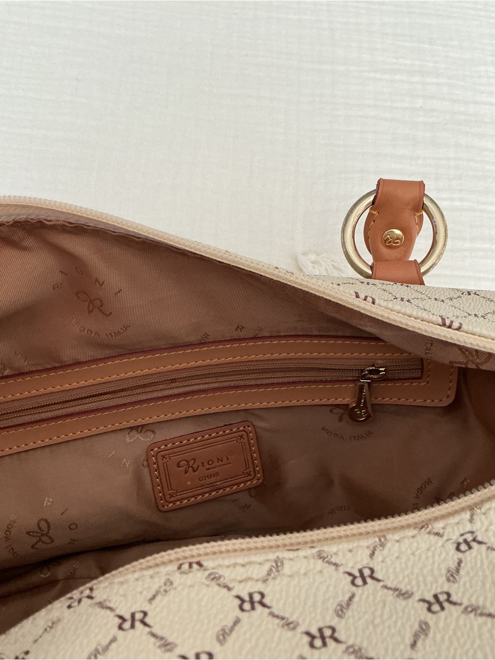 RIONI Felicity Monogram Ivory Satchel with Tan Leather Handles - Picture 9 of 9